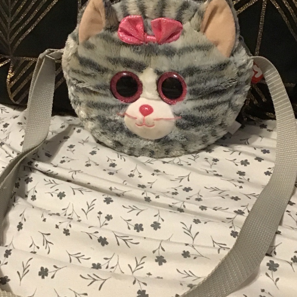 Ty Striped Cat Plush Kids Bag with Pink Accents